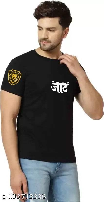 Printcomet Presents Jaat Sher Pocket Shoulder Printed Black Polyester Tshirt For Boys & Mens